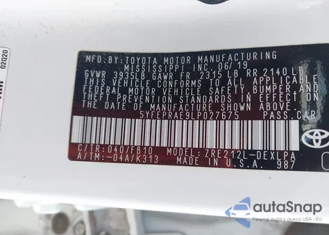 2020 Toyota Corolla Le z USA, uszkodzony, nr VIN 5YFEPRAE9LP027675